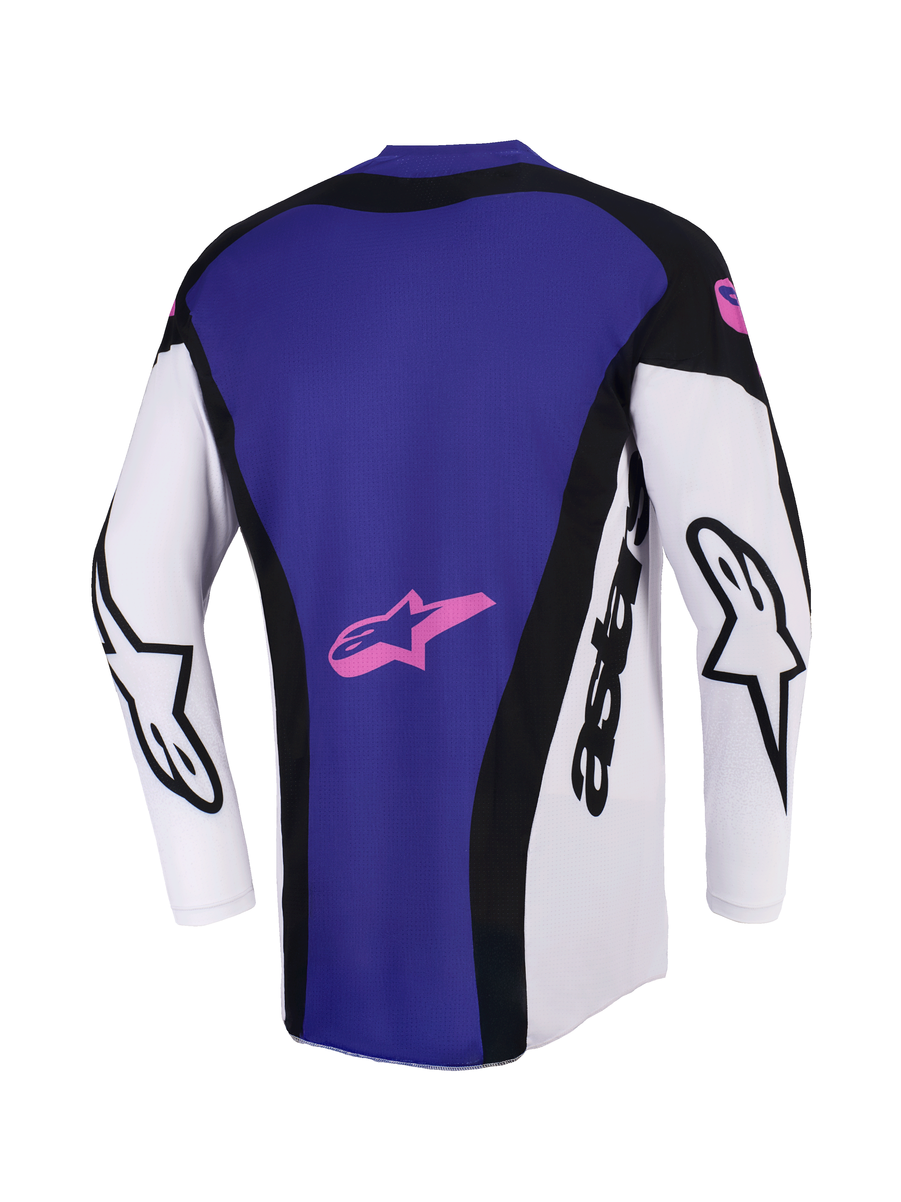 Alpinestars 2026 Techstar Knif Jersey, Motocross Jersey, Black Light Gray and Purple, rear view showing a large purple back panel with a pink star logo, white sleeves with black Alpinestars branding, athletic race fit.