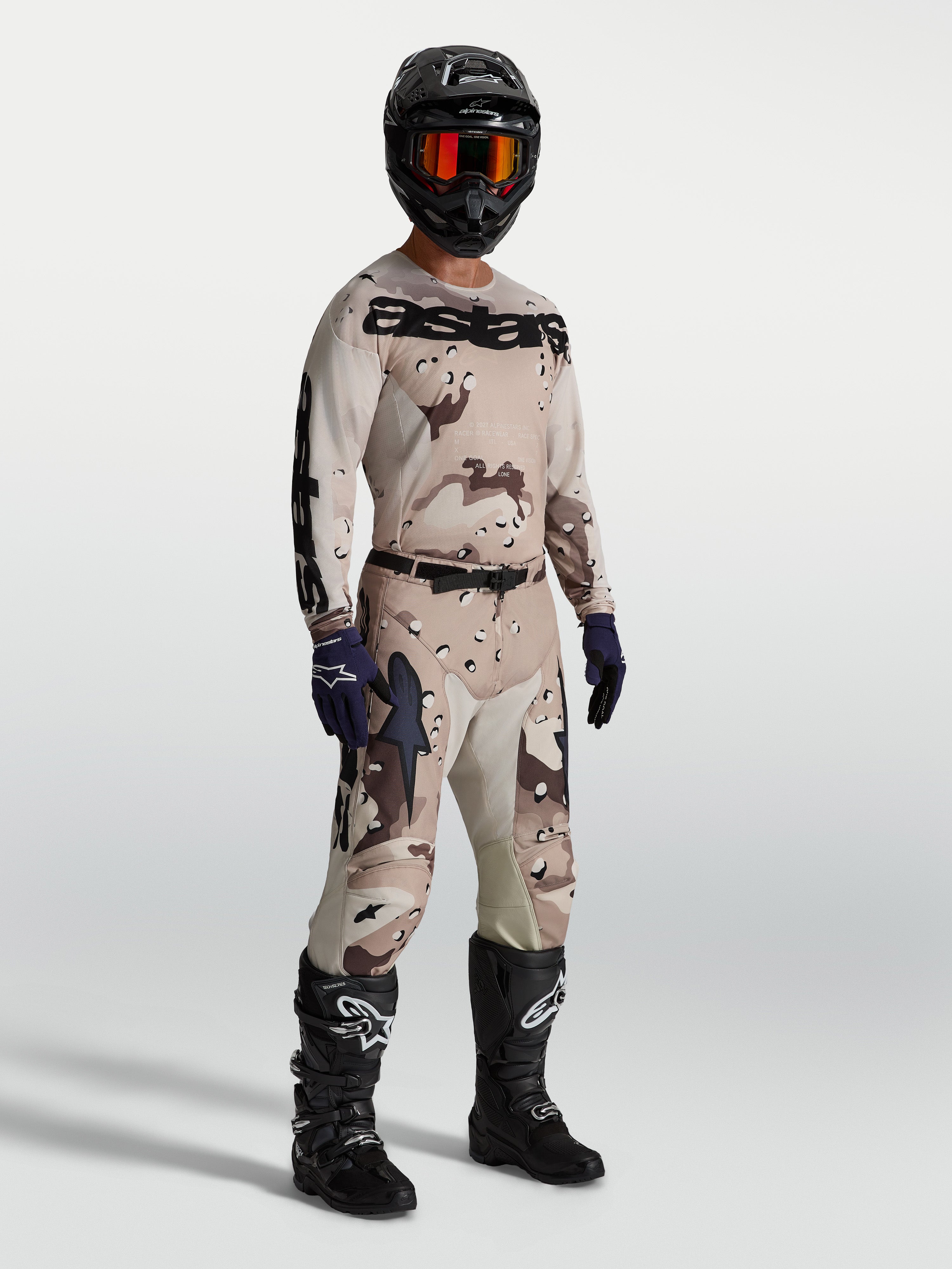 Camisola Racer Lone Alpinestars, camisola de motocross para homem, camuflado deserto e preto, construção leve e respirável