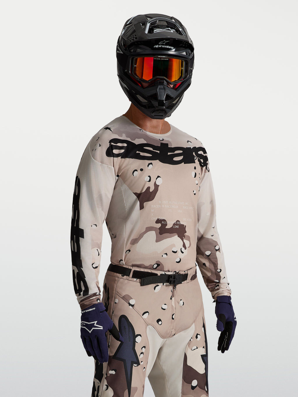 Alpinestars Camisola Racer Lone, camisola de motocross para homem, bege e preta com padrão camuflado, ajuste de corrida.