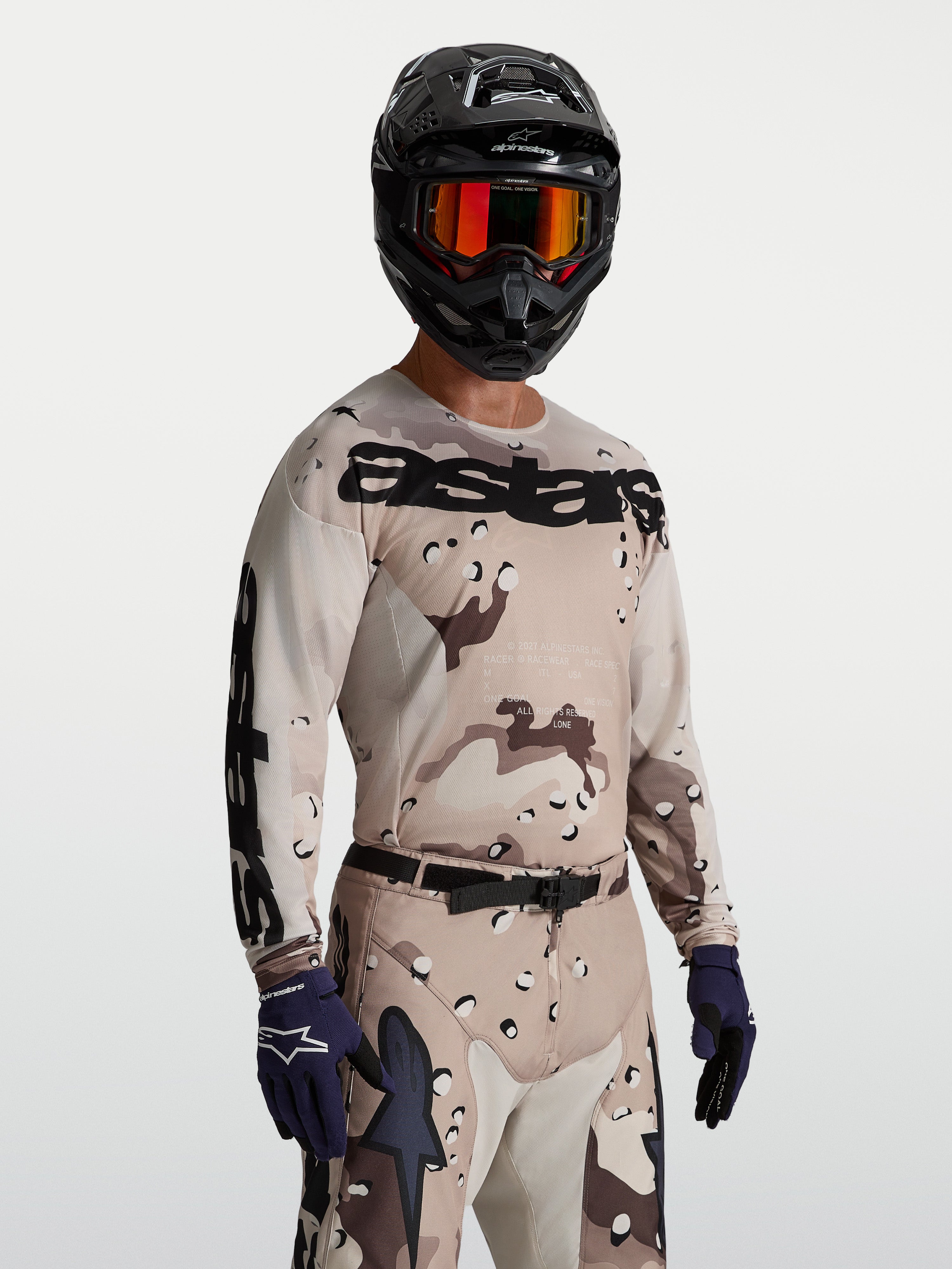 Alpinestars Camisola Racer Lone, camisola de motocross para homem, bege e preta com padrão camuflado, ajuste de corrida.