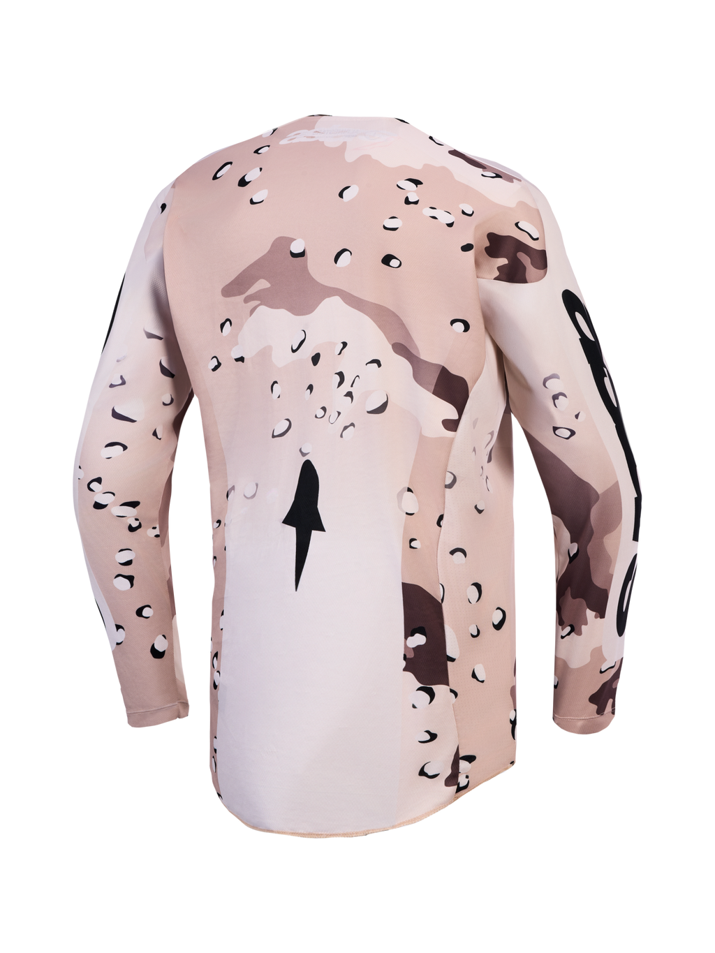 Alpinestars Camisola Racer Lone, camisola de motocross para homem, camuflado desert e preto, vista traseira com bainha traseira alongada para maior cobertura.