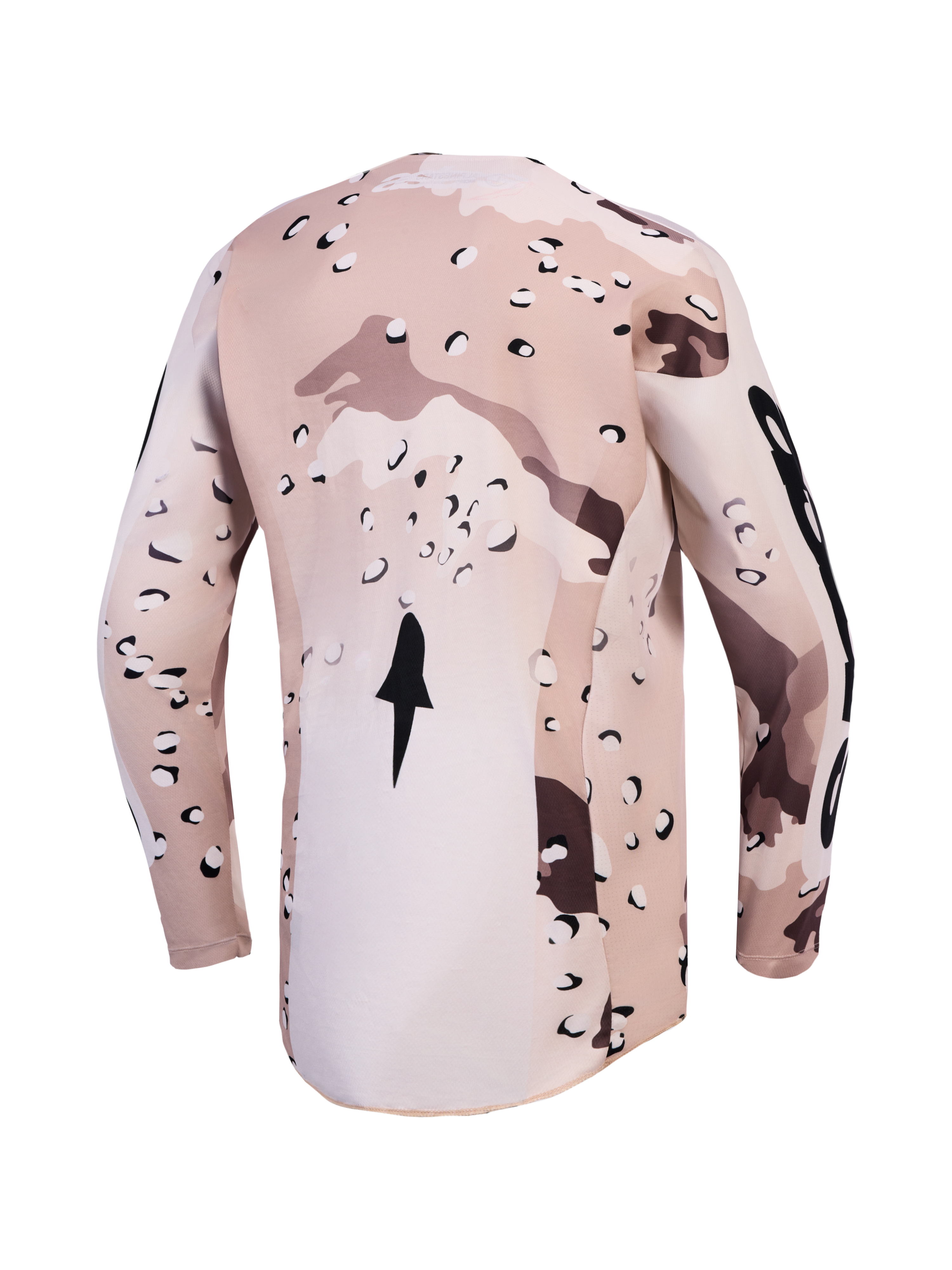 Alpinestars Camisola Racer Lone, camisola de motocross para homem, camuflado desert e preto, vista traseira com bainha traseira alongada para maior cobertura.