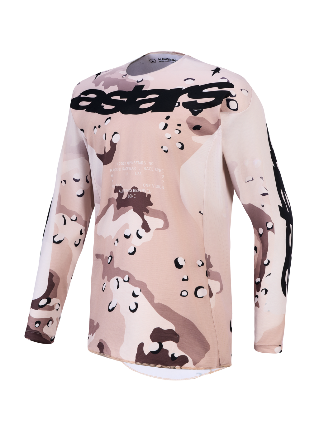 Alpinestars Camisola Racer Lone, camisola de motocross para homem, padrão de camuflagem deserto em bege e preto, logótipo astars no peito, tecido técnico respirável para todo-o-terreno