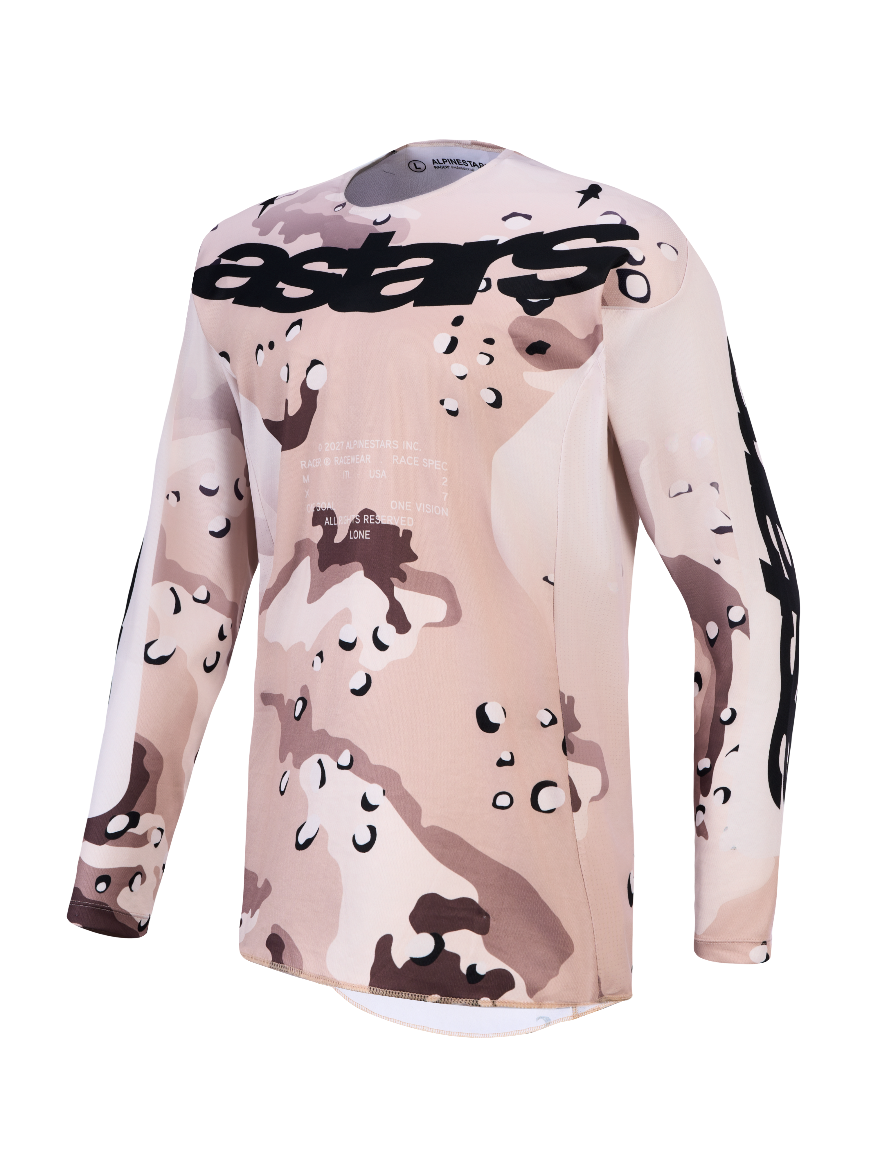 Alpinestars Camisola Racer Lone, camisola de motocross para homem, padrão de camuflagem deserto em bege e preto, logótipo astars no peito, tecido técnico respirável para todo-o-terreno