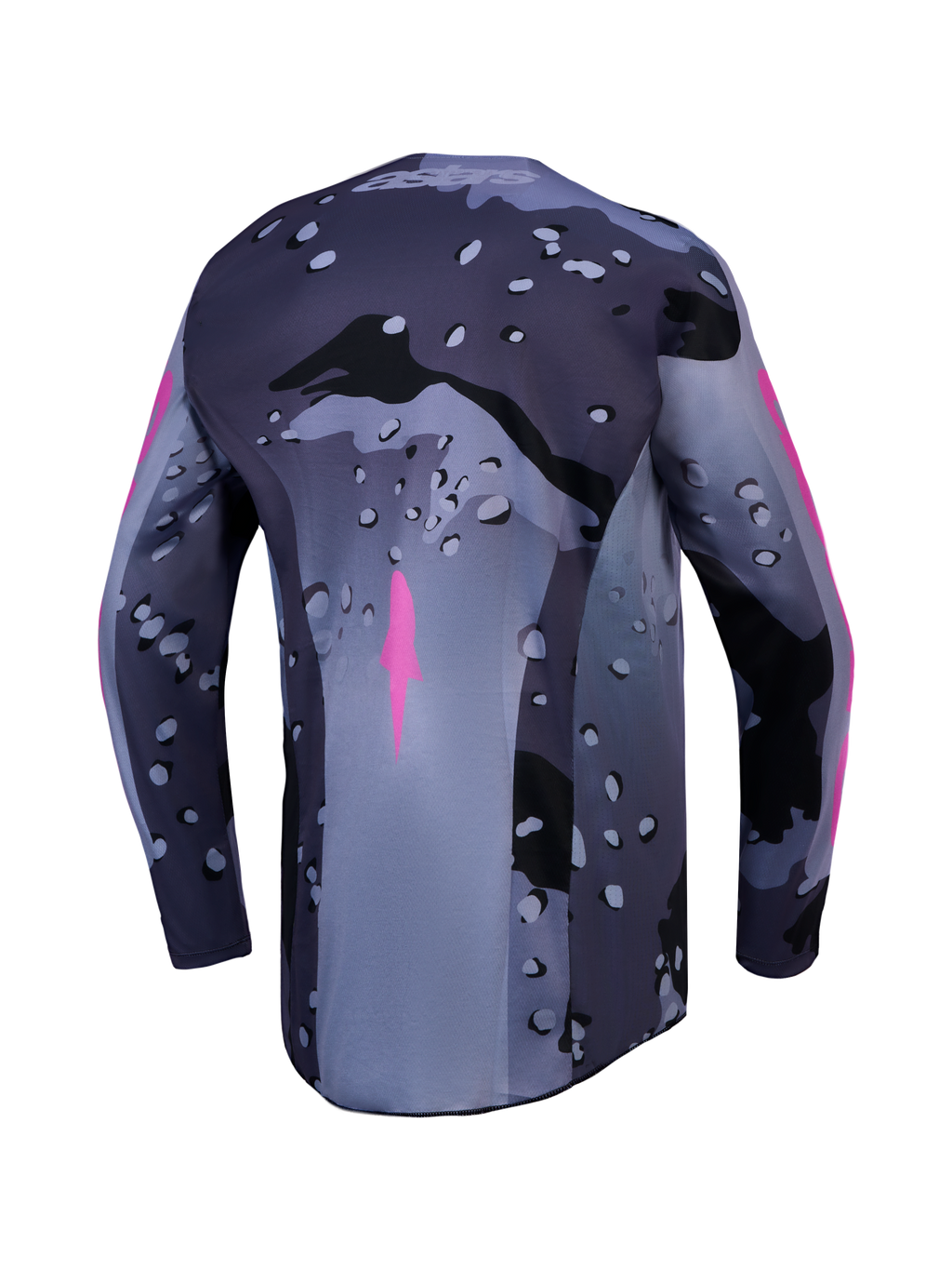 Alpinestars Camisola Racer Lone, camisola de motocross para homem, cinzenta camuflada e roxa, vista traseira em polifabric.