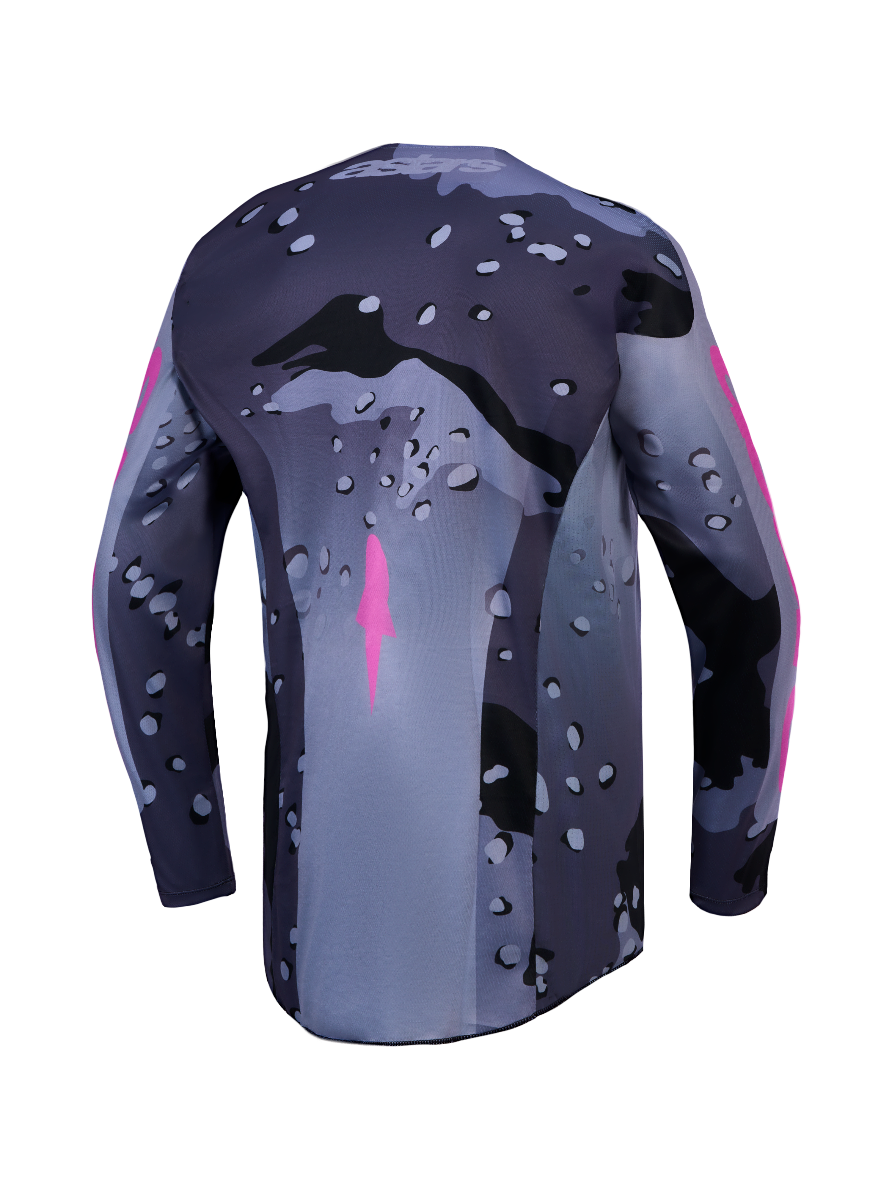 Alpinestars Camisola Racer Lone, camisola de motocross para homem, cinzenta camuflada e roxa, vista traseira em polifabric.