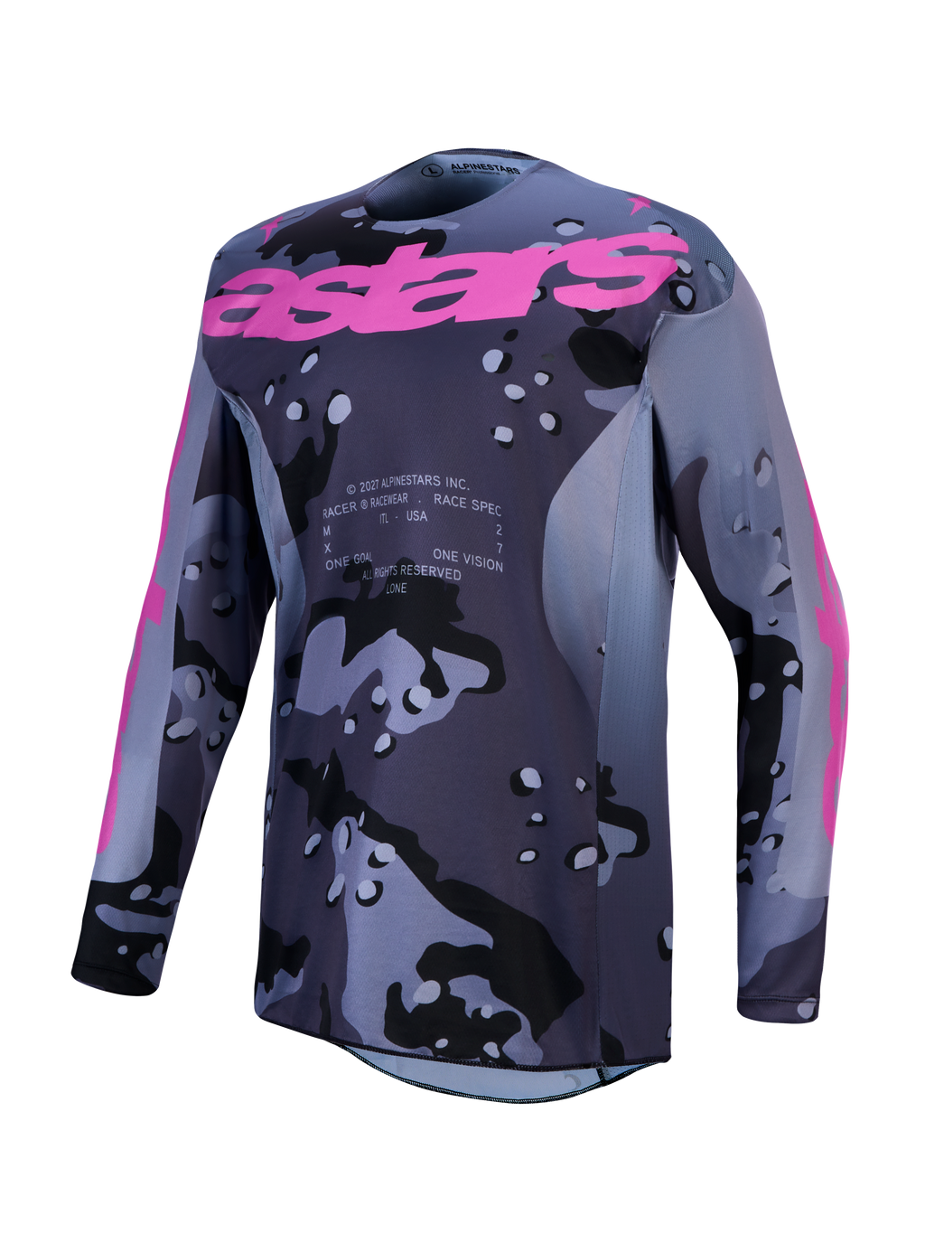 Alpinestars Racer Lone, camisola de motocross para homem, cinzenta camuflada e roxa, em polifabric respirável.