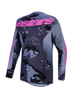 Alpinestars Racer Lone, camisola de motocross para homem, cinzenta camuflada e roxa, em polifabric respirável.