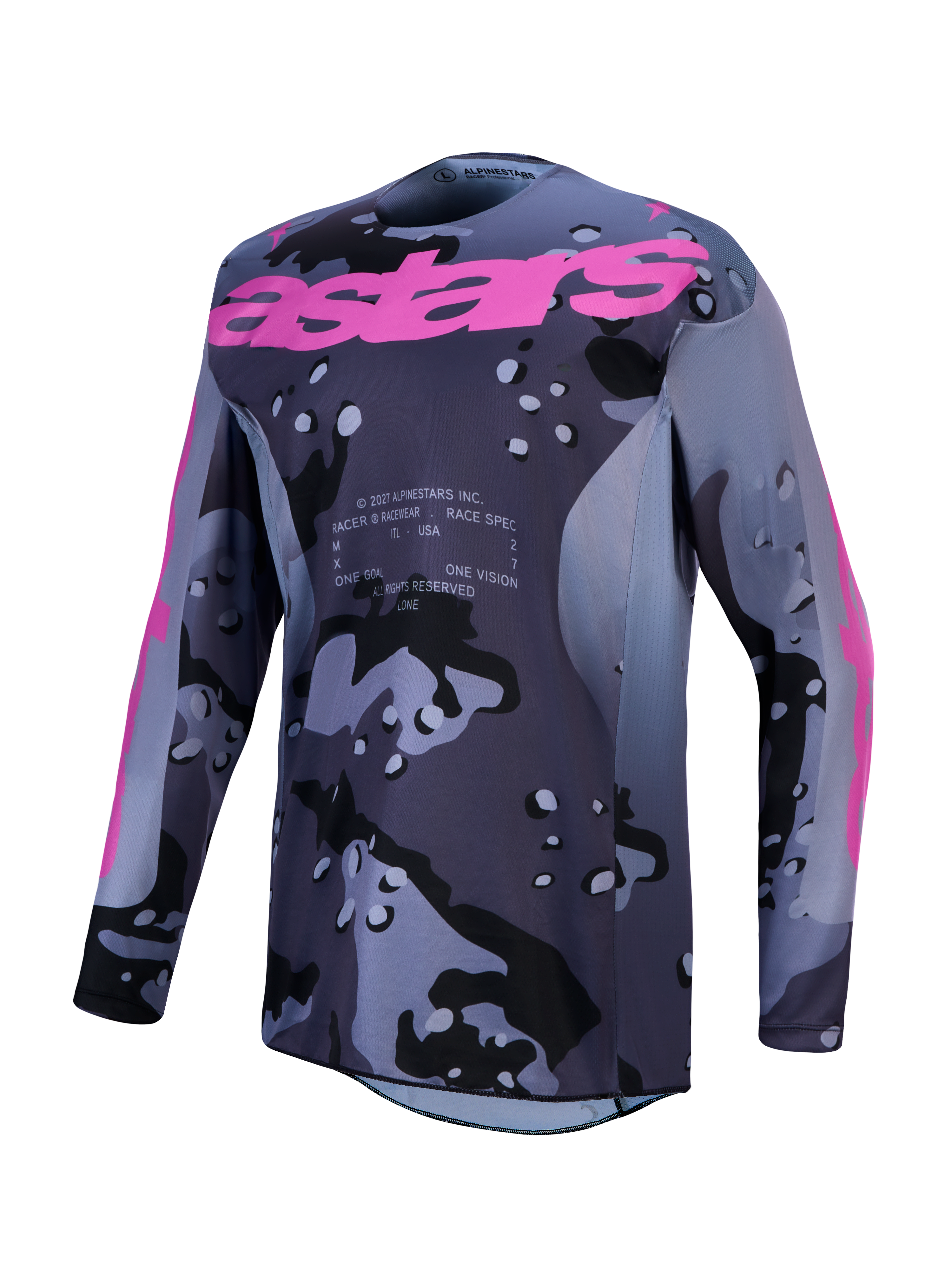Alpinestars Racer Lone, camisola de motocross para homem, cinzenta camuflada e roxa, em polifabric respirável.
