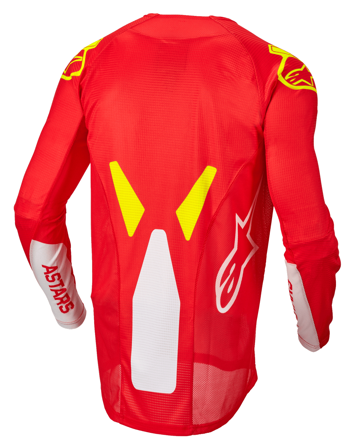 Alpinestars Techstar Factory Jersey, camisola de motocross, vermelho néon, branco e amarelo néon, vista traseira com painéis de ventilação em malha e perfil traseiro estendido, marca ASTARS branca nas mangas e detalhes gráficos em amarelo néon nos ombros