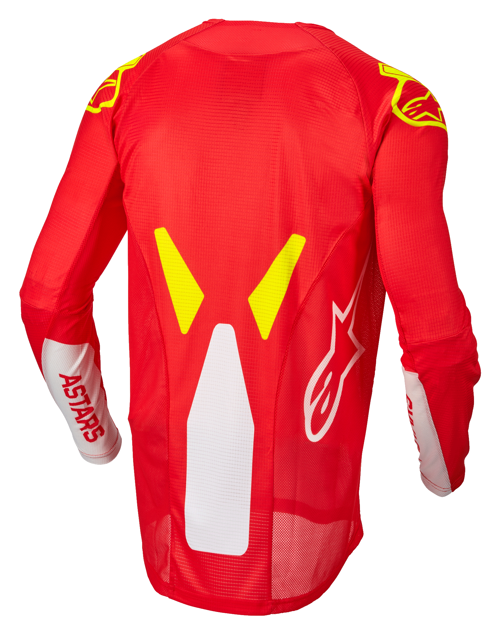 Alpinestars Techstar Factory Jersey, camisola de motocross, vermelho néon, branco e amarelo néon, vista traseira com painéis de ventilação em malha e perfil traseiro estendido, marca ASTARS branca nas mangas e detalhes gráficos em amarelo néon nos ombros