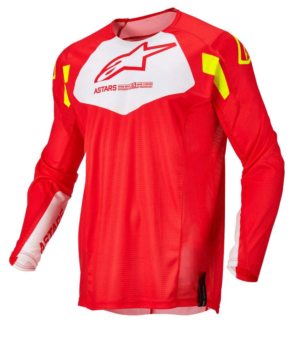 Alpinestars Techstar Factory Jersey, camisola de motocross, vermelho fluorescente com painel branco no peito e detalhes em amarelo fluorescente, tecido de malha leve e respirável, design de manga comprida para corridas todo-o-terreno