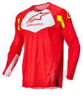 Alpinestars Techstar Factory Jersey, camisola de motocross, vermelho fluorescente com painel branco no peito e detalhes em amarelo fluorescente, tecido de malha leve e respirável, design de manga comprida para corridas todo-o-terreno