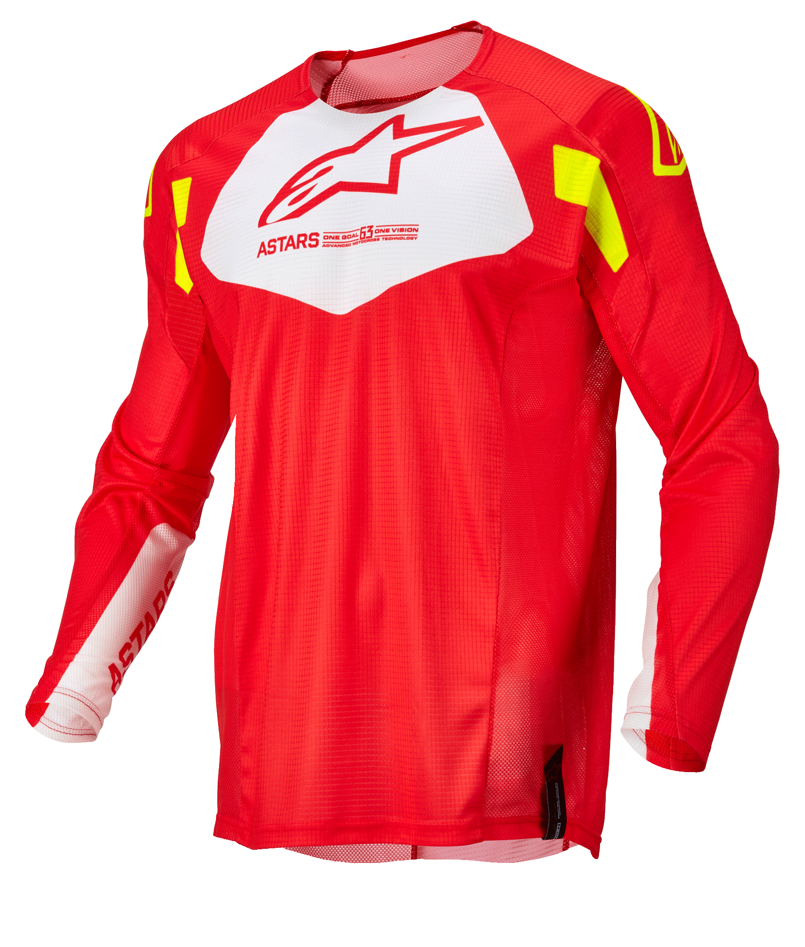 Alpinestars Techstar Factory Jersey, camisola de motocross, vermelho fluorescente com painel branco no peito e detalhes em amarelo fluorescente, tecido de malha leve e respirável, design de manga comprida para corridas todo-o-terreno