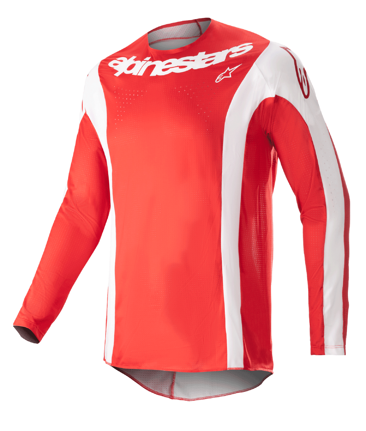 Alpinestars 2023 Techstar Arch Jersey, camisola de motocross, vermelho Mars e branco, logótipo Alpinestars branco no peito, tecido atlético perfurado, mangas compridas com detalhes em branco, design desportivo para corridas de todo-o-terreno