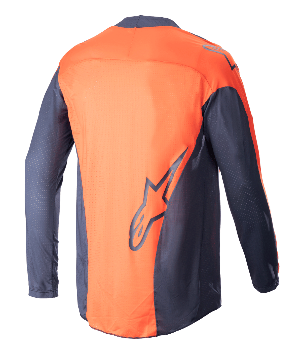 Alpinestars 2023 Techstar Arch Jersey, camisola de motocross, azul-marinho e cor-de-laranja, vista traseira, construção em malha leve, logótipo Alpinestars grande na parte inferior das costas, parte traseira prolongada para maior cobertura