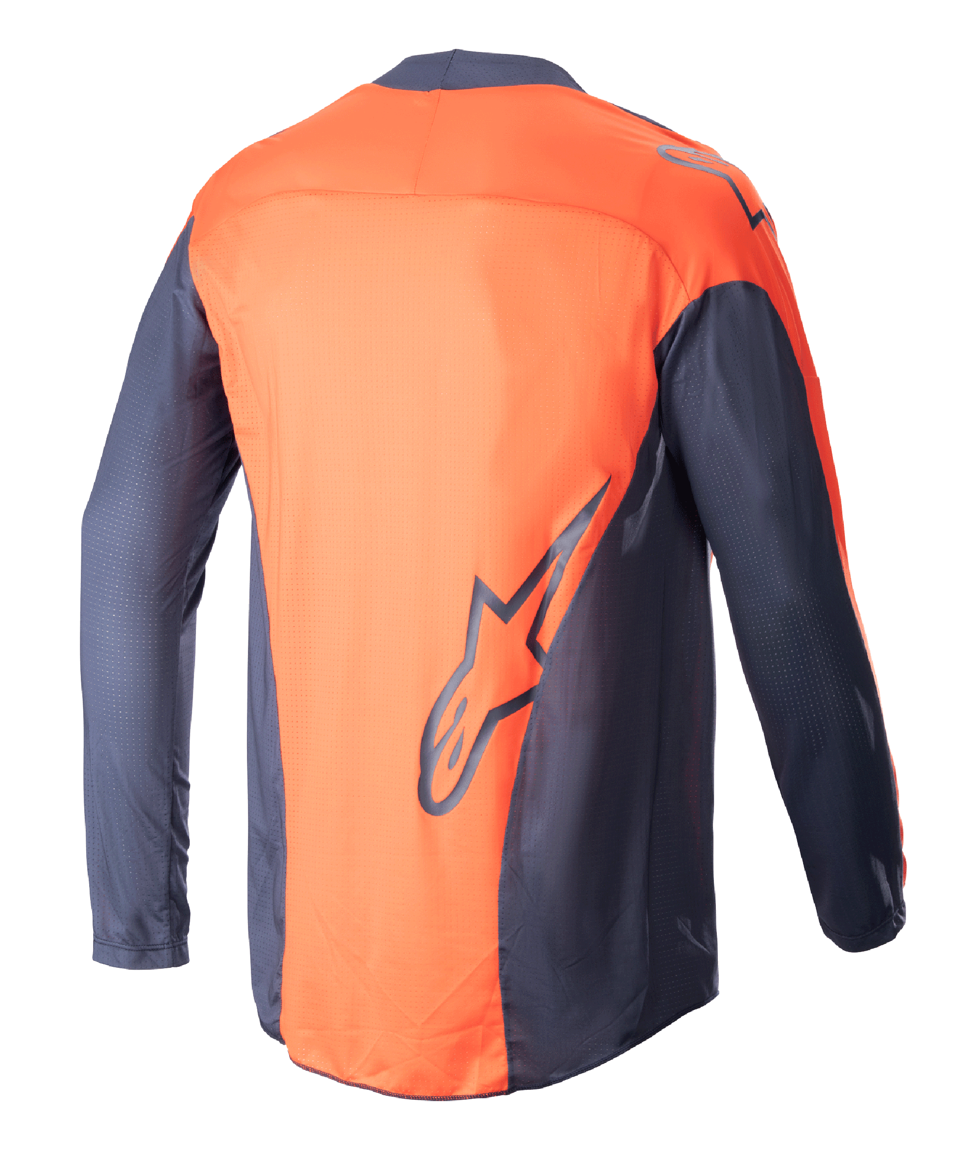Alpinestars 2023 Techstar Arch Jersey, camisola de motocross, azul-marinho e cor-de-laranja, vista traseira, construção em malha leve, logótipo Alpinestars grande na parte inferior das costas, parte traseira prolongada para maior cobertura
