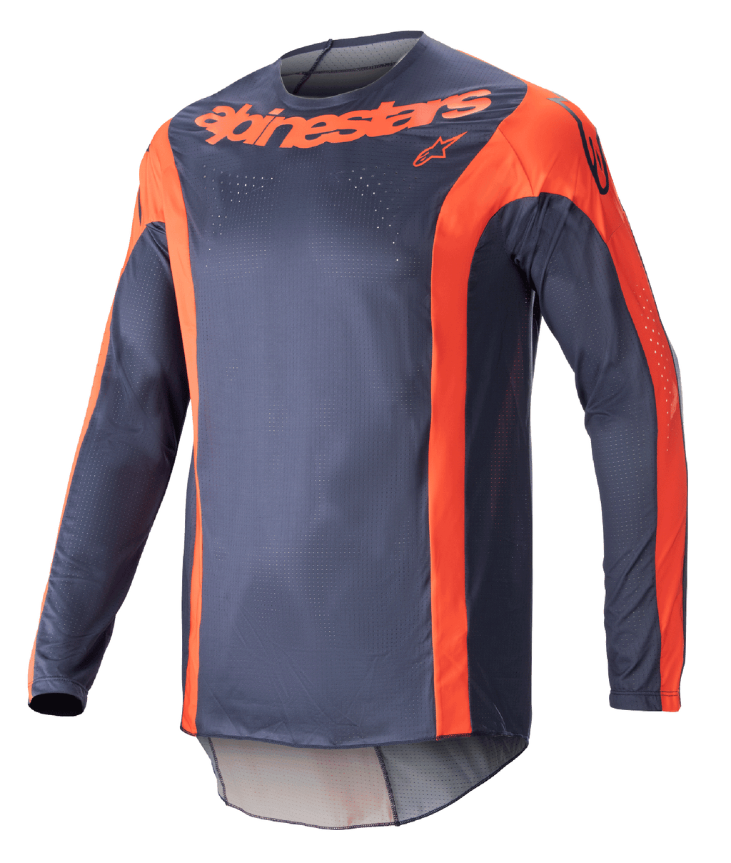 Alpinestars 2023 Techstar Arch Jersey, camisola de motocross de manga comprida, azul marinho e laranja, com pormenores verticais em laranja e marca no peito, tecido de malha leve para desempenho todo-o-terreno