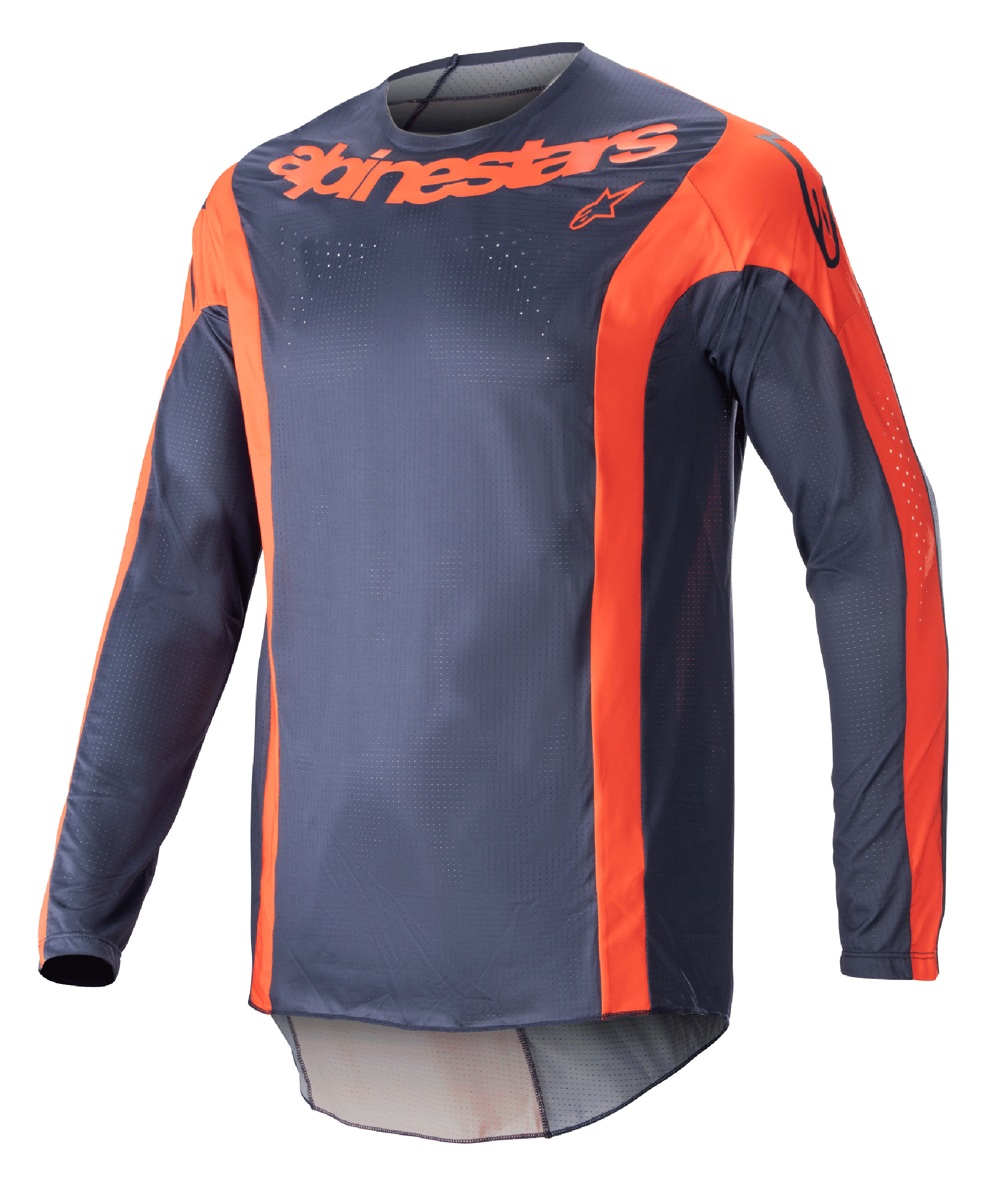 Alpinestars 2023 Techstar Arch Jersey, camisola de motocross de manga comprida, azul marinho e laranja, com pormenores verticais em laranja e marca no peito, tecido de malha leve para desempenho todo-o-terreno