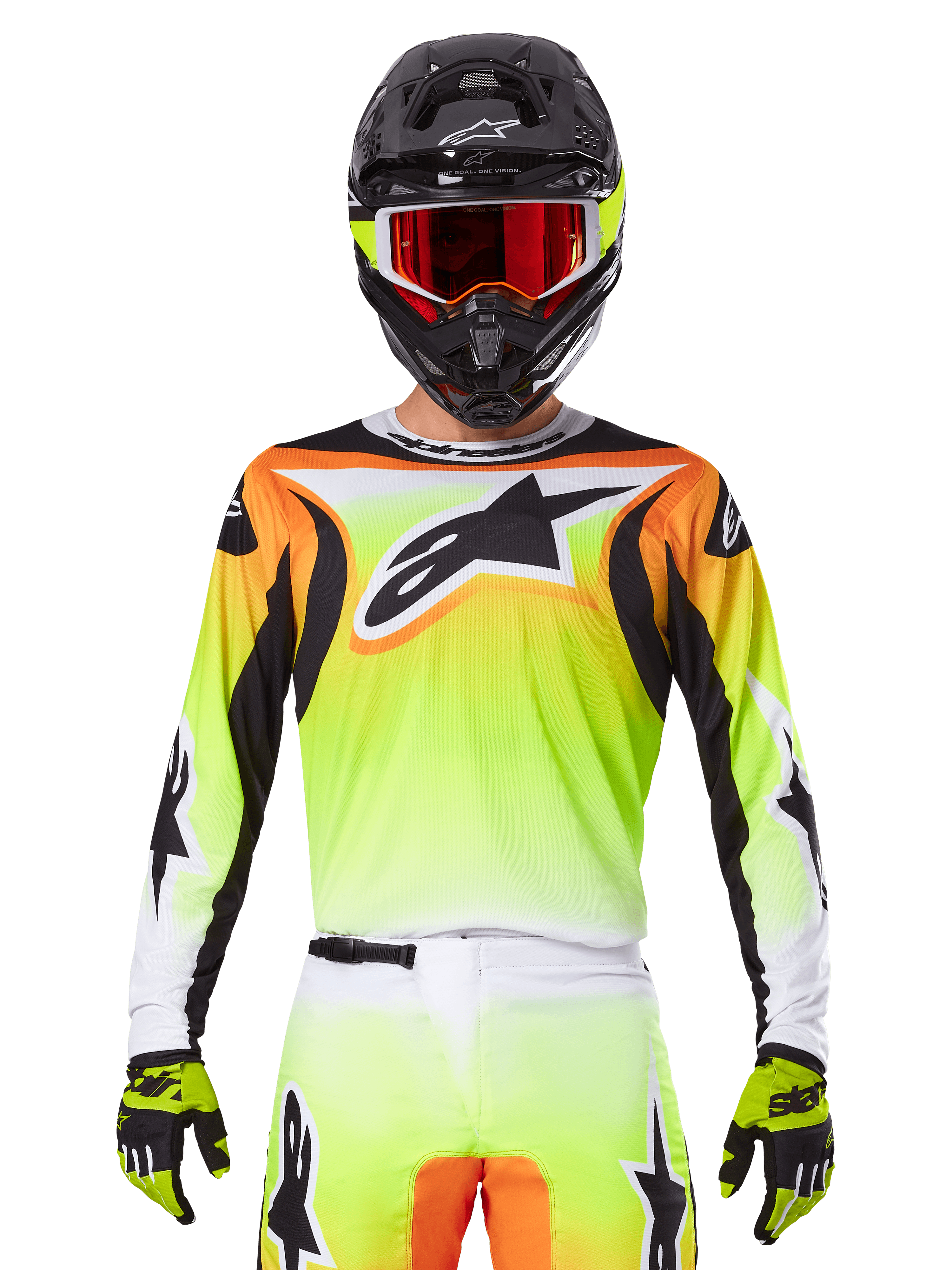 Alpinestars 2025 Fluid Wurx Jersey, camisola de motocross, amarelo néon, laranja e branco, usada com calças a condizer e capacete preto com óculos vermelhos, conjunto completo de equipamento de motocross no piloto
