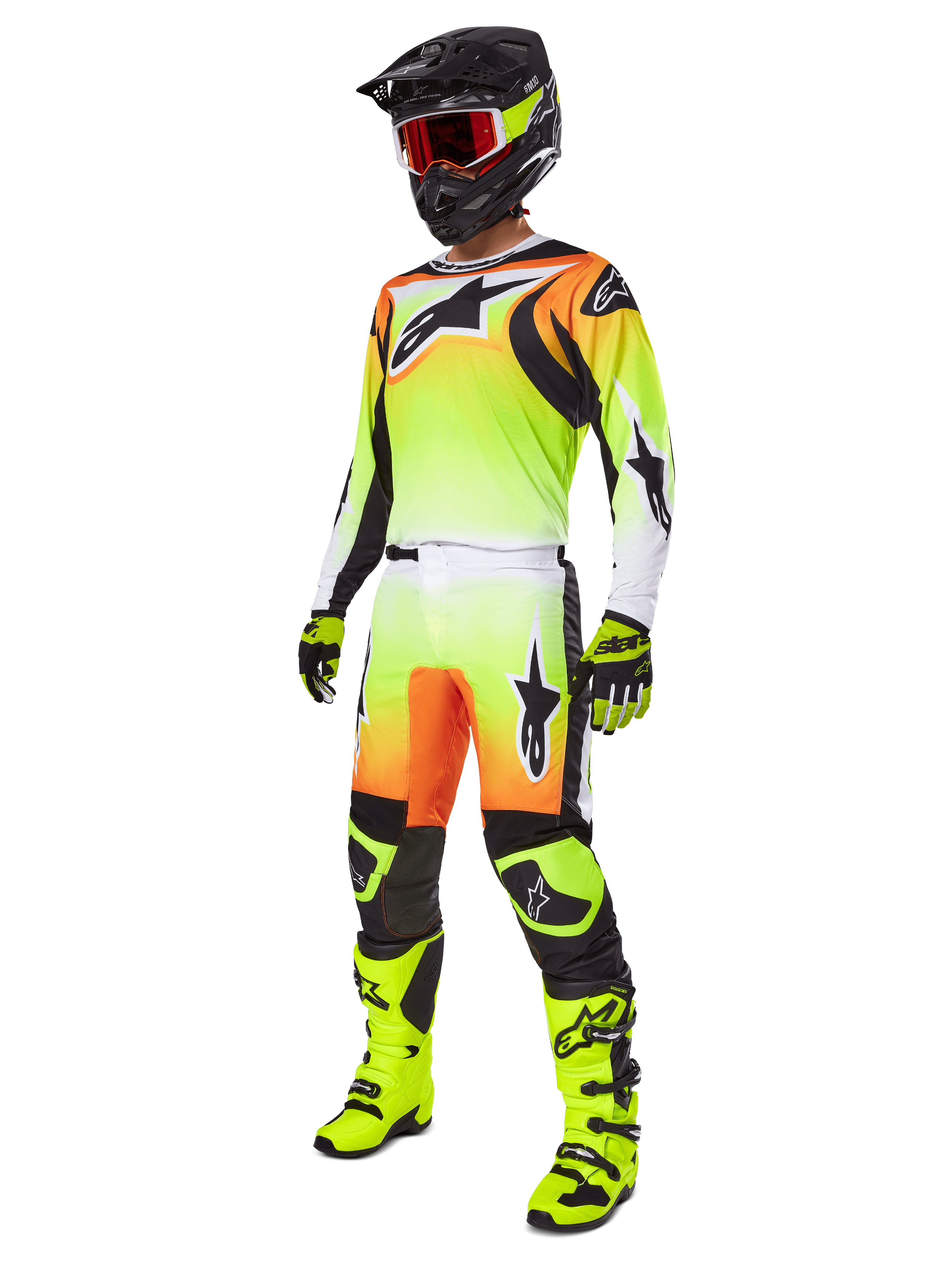 Alpinestars 2025 Fluid Wurx Gear Set, Motocross Racing Outfit, Neon Yellow and Orange gradient, complete kit with jersey and pants, black helmet with orange goggles, neon yellow boots and gloves, athletic design for off-road performance
