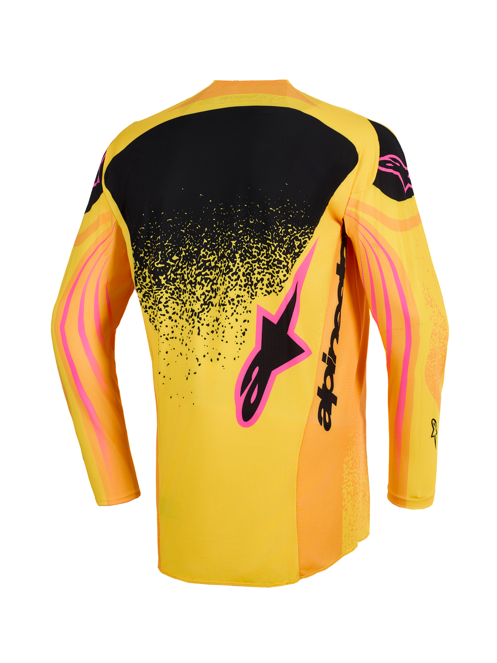 Alpinestars 2026 Techstar Nomur Jersey, camisola de motocross, laranja, amarela e rosa, vista traseira com um painel superior traseiro preto com gradiente pontilhado, detalhes do logótipo em rosa e padrões gráficos ondulados nas mangas