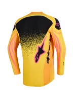 Alpinestars 2026 Techstar Nomur Jersey, camisola de motocross, laranja, amarela e rosa, vista traseira com um painel superior traseiro preto com gradiente pontilhado, detalhes do logótipo em rosa e padrões gráficos ondulados nas mangas