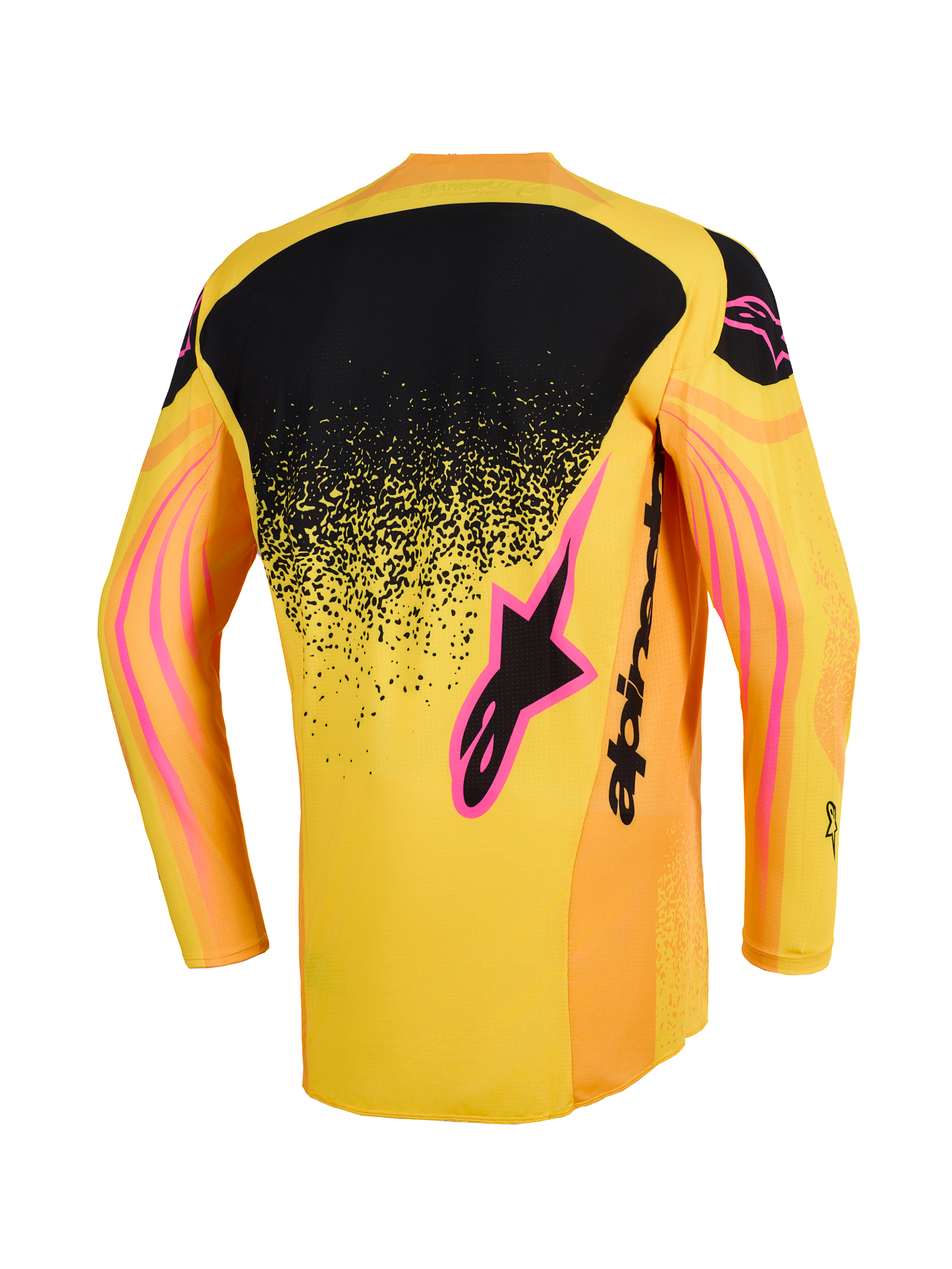 Alpinestars 2026 Techstar Nomur Jersey, camisola de motocross, laranja, amarela e rosa, vista traseira com um painel superior traseiro preto com gradiente pontilhado, detalhes do logótipo em rosa e padrões gráficos ondulados nas mangas