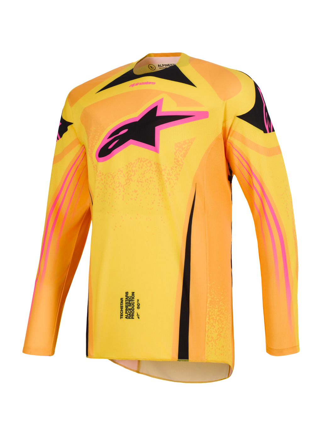 Alpinestars Camisola Techstar Nomur 2026, camisola de motocross em laranja, amarelo e cor-de-rosa, com um logótipo de estrela da Alpinestars proeminente a cor-de-rosa e preto no peito, ajuste atlético de corrida de manga comprida, peça de competição off-road de alto desempenho
