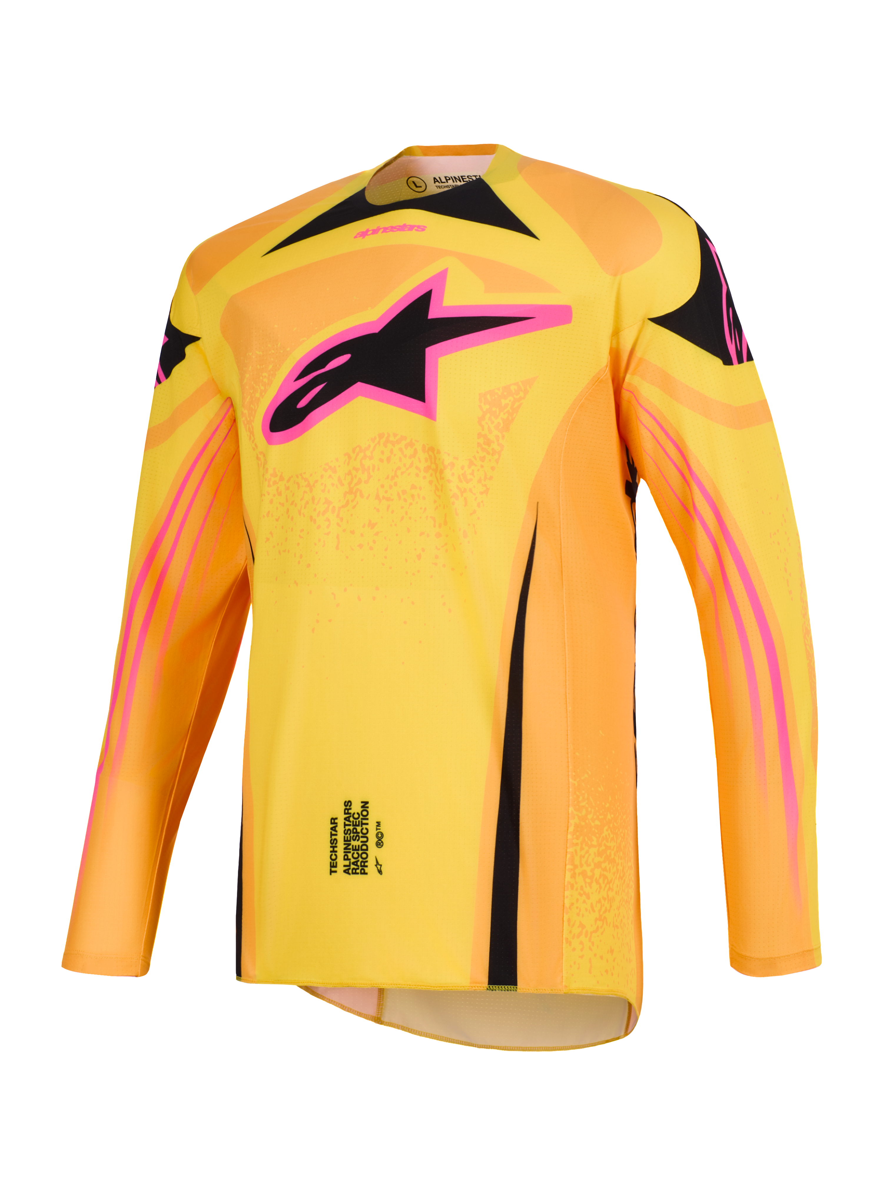 Alpinestars Camisola Techstar Nomur 2026, camisola de motocross em laranja, amarelo e cor-de-rosa, com um logótipo de estrela da Alpinestars proeminente a cor-de-rosa e preto no peito, ajuste atlético de corrida de manga comprida, peça de competição off-road de alto desempenho