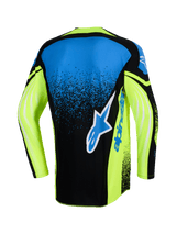 Alpinestars 2026 Techstar Nomur Jersey, back view, Motocross Jersey, Dark Navy, Yellow Fluo and Blue, featuring a large Alpinestars logo on the back, neon yellow sleeves with graphic accents, and an athletic racing fit.