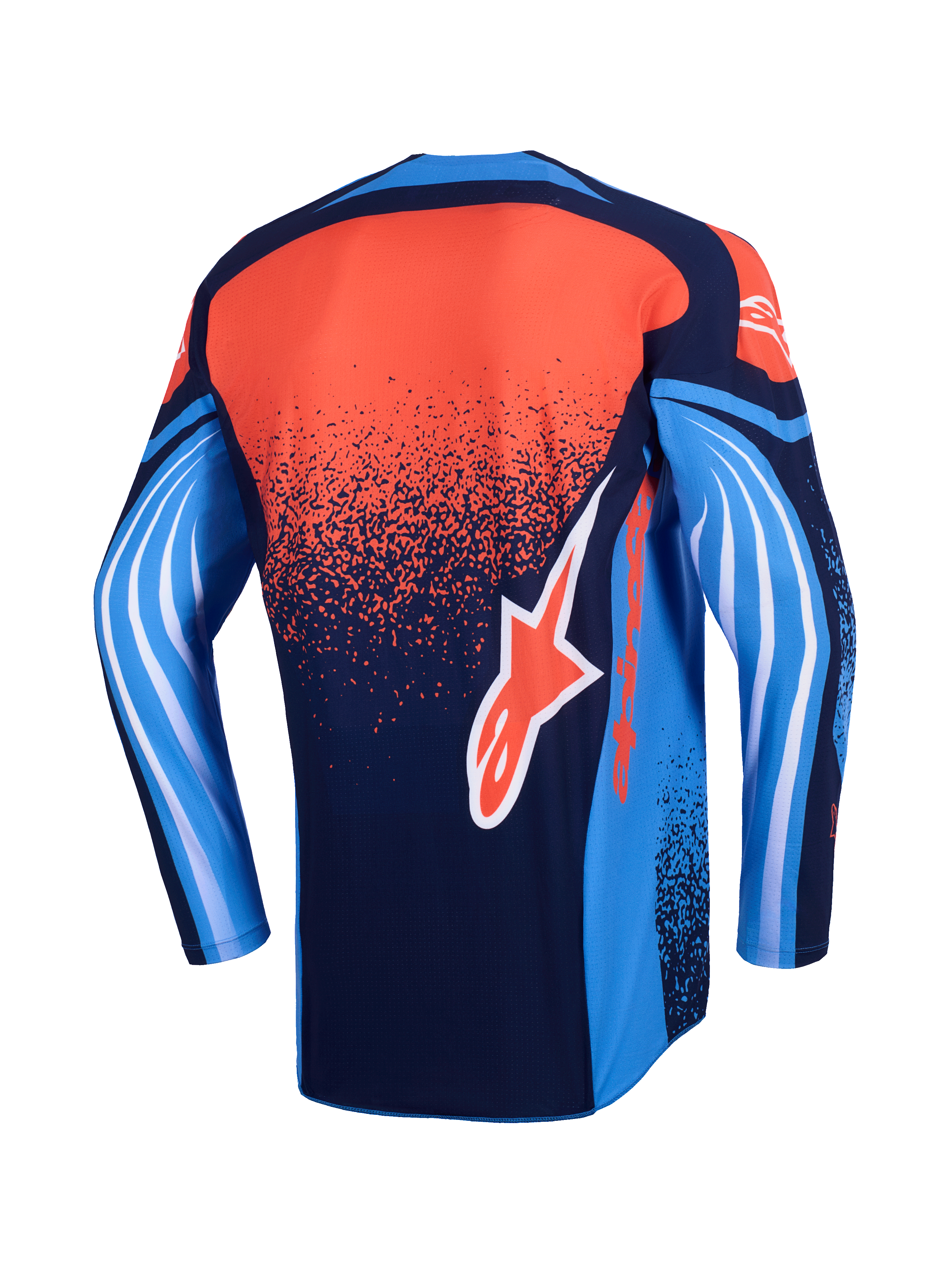 Camisola Alpinestars 2026 Techstar Nomur, camisola de motocross, vista traseira, azul marinho escuro, laranja e azul UCLA, com um degradê laranja pontilhado nas costas, mangas azuis com gráficos brancos em forma de onda e logótipo Alpinestars laranja na parte inferior das costas.