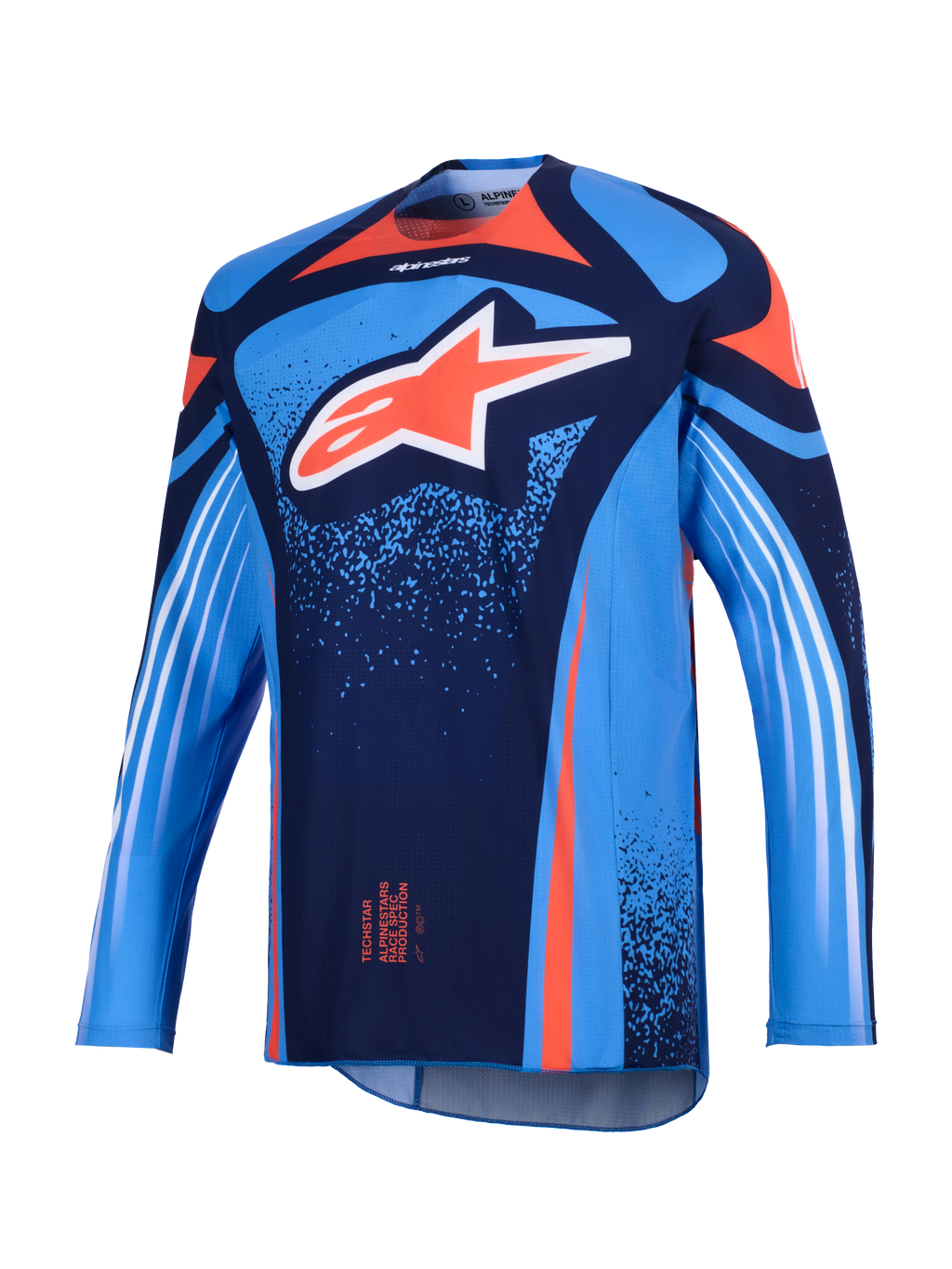 Alpinestars 2026 Techstar Nomur Jersey, camisola de motocross, azul marinho escuro e azul UCLA com detalhes laranja, com um grande logótipo Astars branco no peito e riscas diagonais brancas nas mangas compridas, corte atlético de competição leve para desempenho fora de estrada