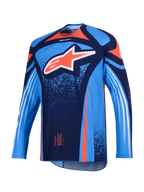 Alpinestars 2026 Techstar Nomur Jersey, camisola de motocross, azul marinho escuro e azul UCLA com detalhes laranja, com um grande logótipo Astars branco no peito e riscas diagonais brancas nas mangas compridas, corte atlético de competição leve para desempenho fora de estrada