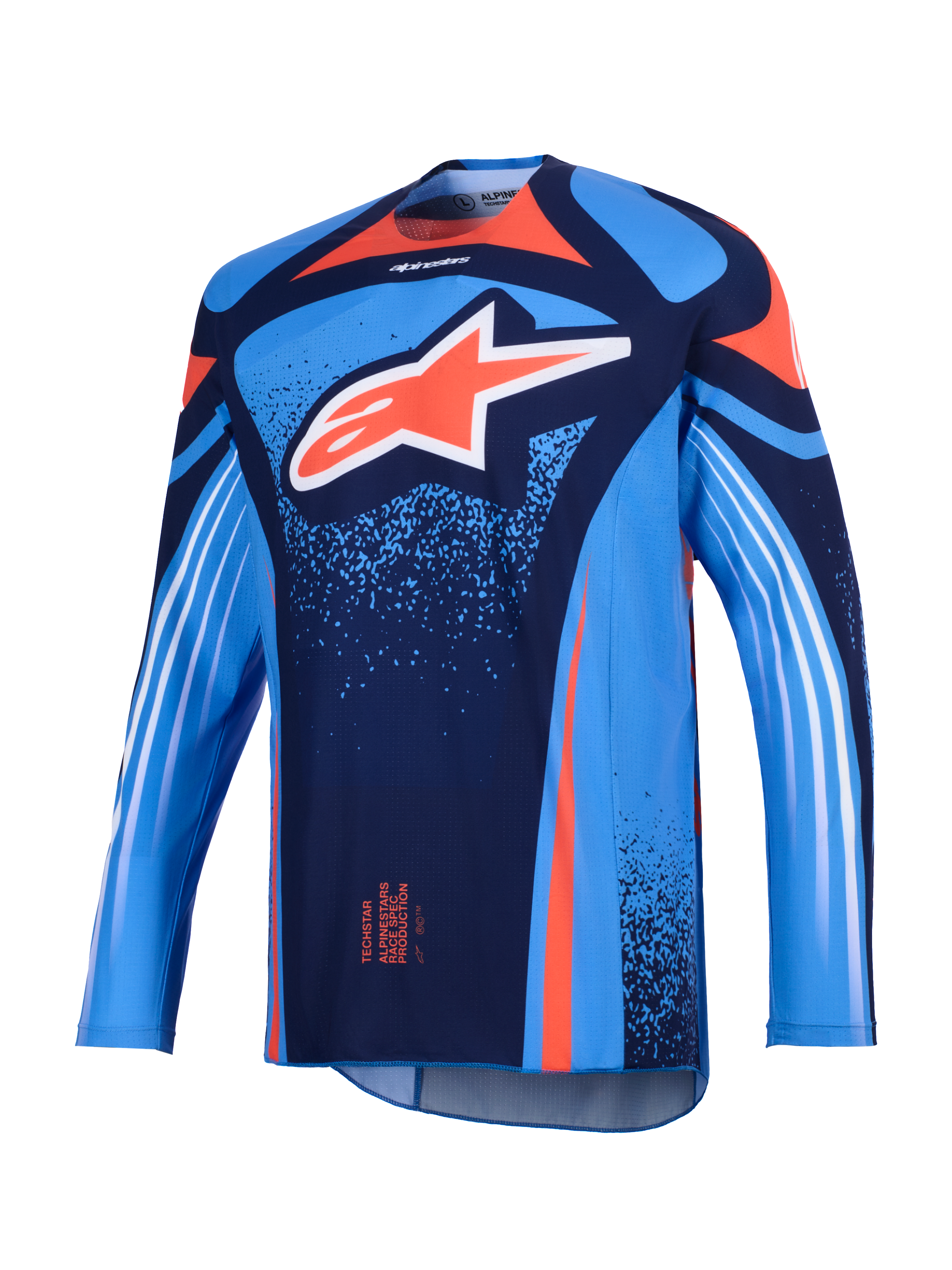 Alpinestars 2026 Techstar Nomur Jersey, camisola de motocross, azul marinho escuro e azul UCLA com detalhes laranja, com um grande logótipo Astars branco no peito e riscas diagonais brancas nas mangas compridas, corte atlético de competição leve para desempenho fora de estrada