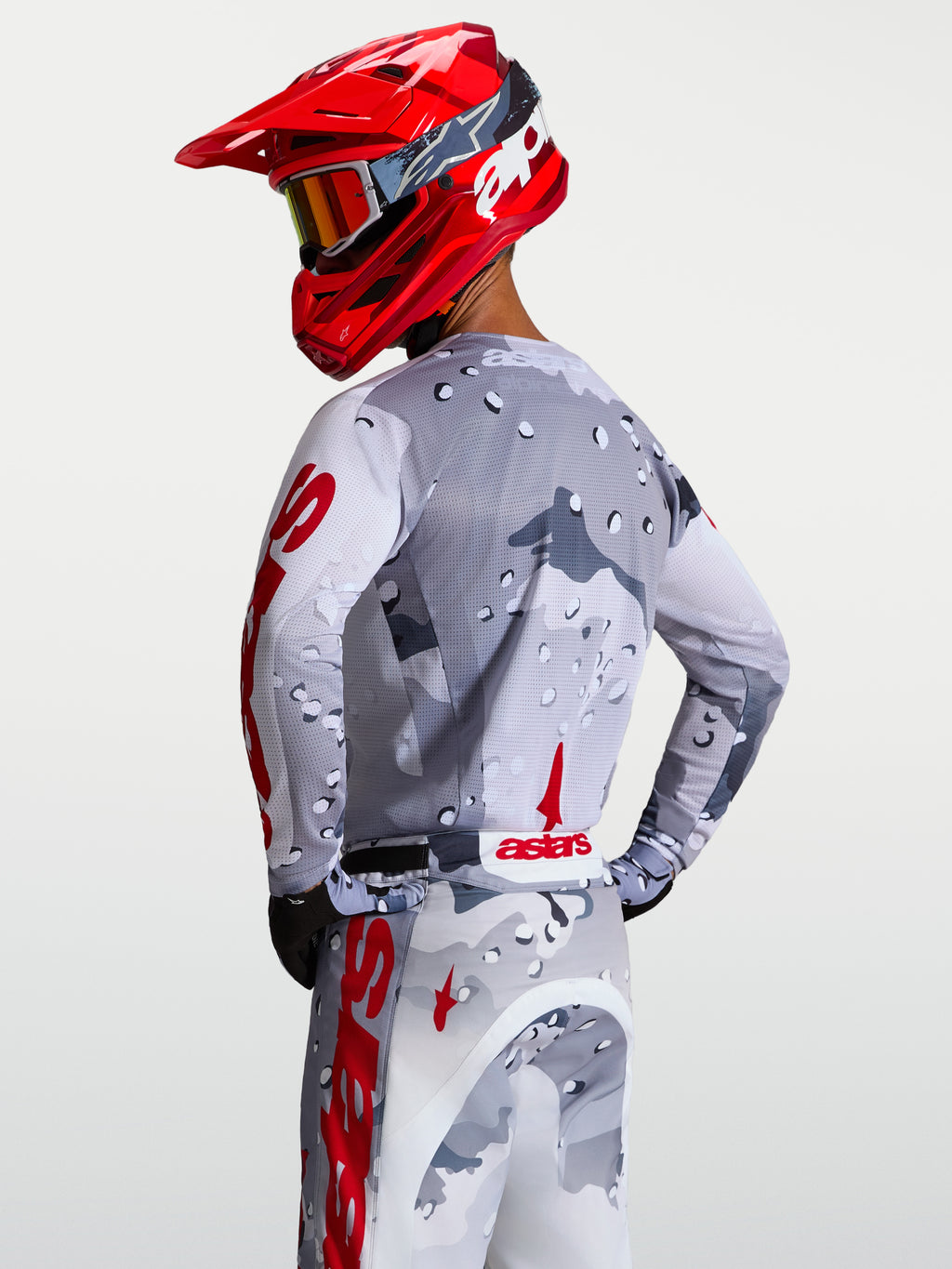Alpinestars Racer Air Lone, camisola de motocross respirável para homem, cinzento camuflado e vermelho, vista traseira
