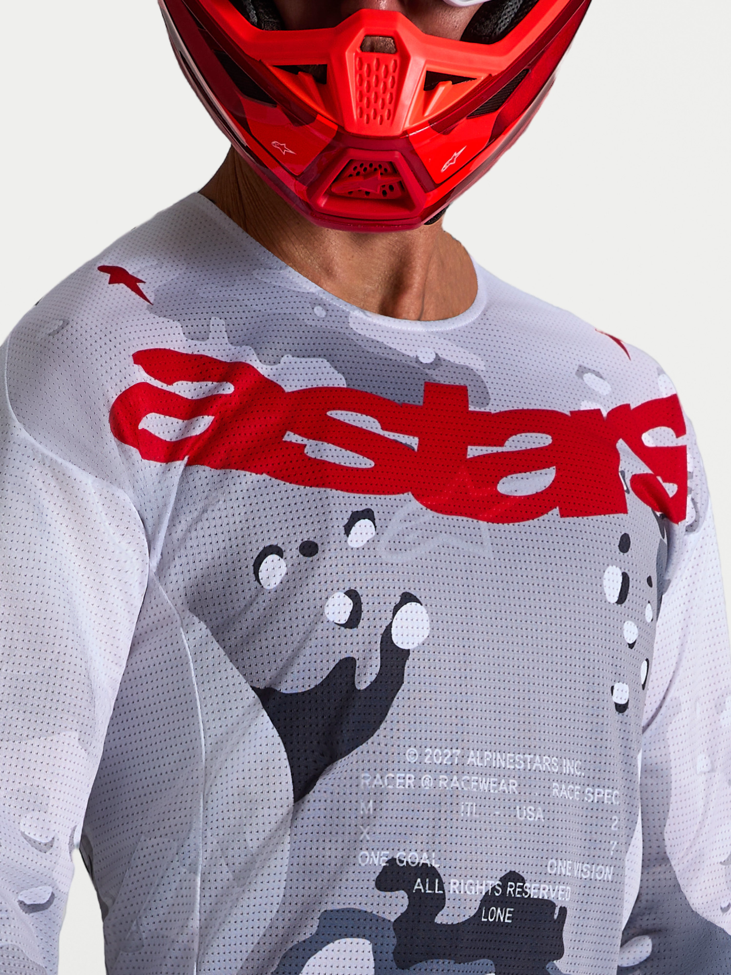 Alpinestars Camisola Racer Air Lone, camisola de motocross para homem, cinzento camuflado e vermelho, malha ventilada