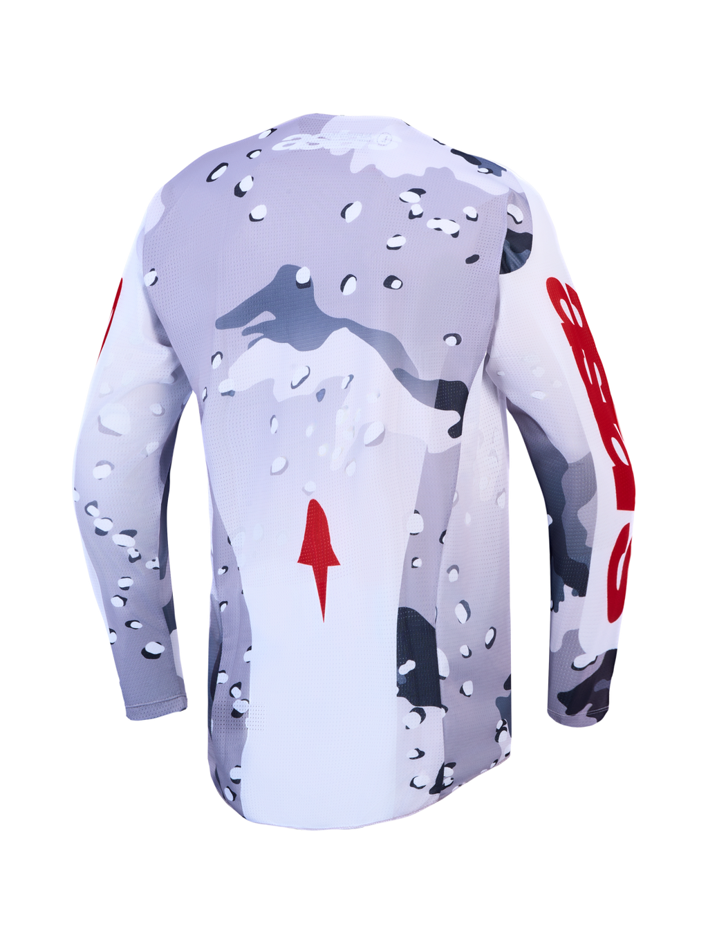 Camisola Alpinestars Racer Air Lone, camisola de motocross ventilada, vista traseira, camuflagem cinzenta e detalhes vermelhos.
