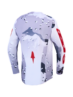 Camisola Alpinestars Racer Air Lone, camisola de motocross ventilada, vista traseira, camuflagem cinzenta e detalhes vermelhos.