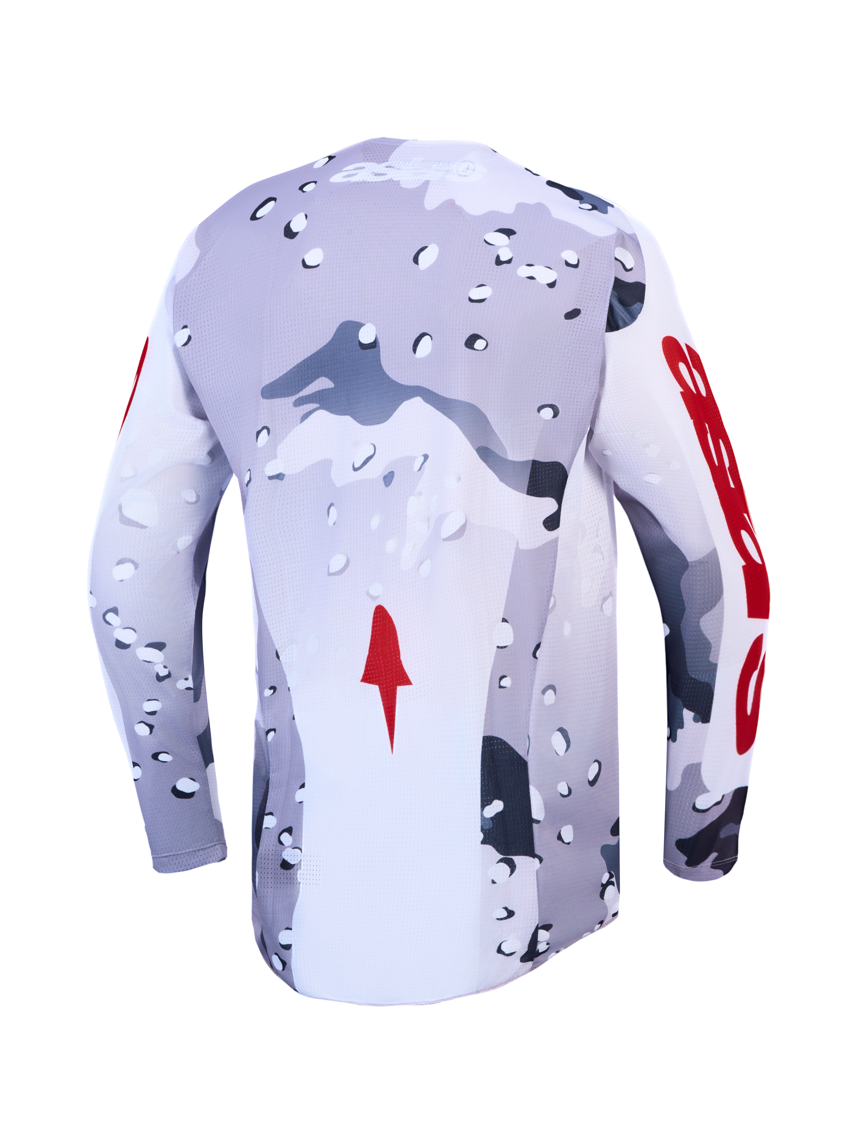 Camisola Alpinestars Racer Air Lone de motocross para homem, cinzenta camuflada e vermelha, vista traseira respirável.