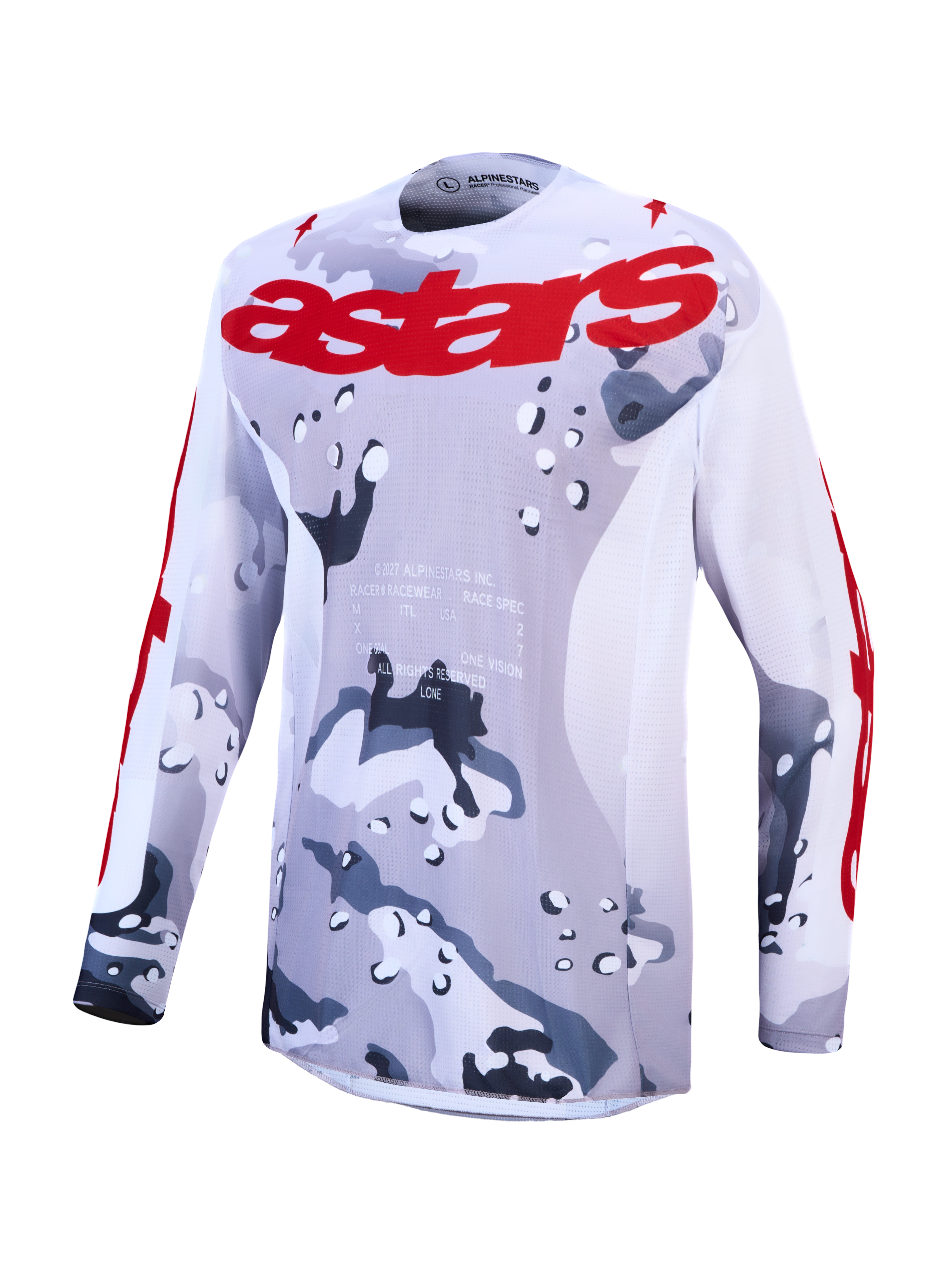 Alpinestars Racer Air Lone, camisola de motocross, cinzenta camuflada e vermelha, malha ventilada para performance off-road.
