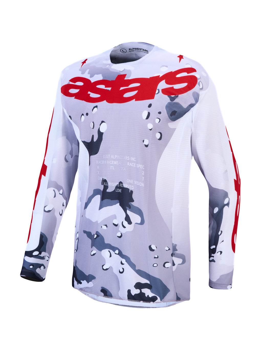 Alpinestars Racer Air Lone, camisola de motocross para homem, padrão camuflado cinzento e branco com logótipo vermelho, construção em malha leve e respirável.