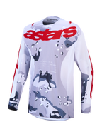 Alpinestars Racer Air Lone, camisola de motocross para homem, padrão camuflado cinzento e branco com logótipo vermelho, construção em malha leve e respirável.