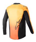 Alpinestars 2023 Techstar Sein Jersey, Motocross Jersey, Black and Hot Orange, rear view showing vibrant orange gradient back with black side panels and sleeves, featuring Alpinestars logo graphics on the lower back and shoulder