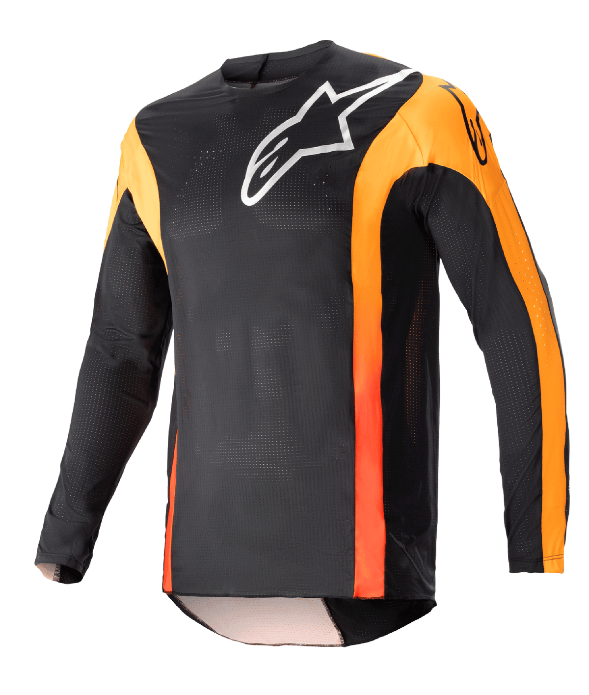 Alpinestars 2023 Techstar Sein Jersey, camisola de motocross de manga comprida, preta com detalhes laranja vibrante, logótipo Alpinestars branco no peito, tecido de malha leve e respirável, corte atlético de competição