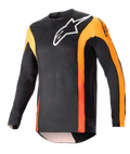Alpinestars 2023 Techstar Sein Jersey, Motocross Long-Sleeve Jersey, Black with Hot Orange accents, White Alpinestars logo on chest, lightweight breathable mesh fabric, athletic race fit