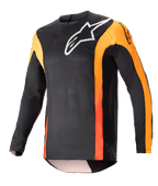 Alpinestars 2023 Techstar Sein Jersey, Motocross Long-Sleeve Jersey, Black with Hot Orange accents, White Alpinestars logo on chest, lightweight breathable mesh fabric, athletic race fit