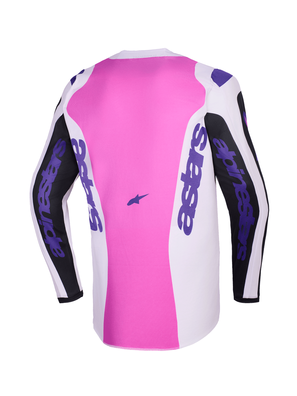 Camisola Alpinestars 2026 Fluid Grid, vista traseira, camisola de motocross, preto, cinzento claro e roxo, painel central cor-de-rosa com secções brancas e pretas, logótipos Alpinestars roxos nas mangas e laterais, construção em polifabric com absorção de humidade
