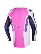 Camisola Alpinestars 2026 Fluid Grid, vista traseira, camisola de motocross, preto, cinzento claro e roxo, painel central cor-de-rosa com secções brancas e pretas, logótipos Alpinestars roxos nas mangas e laterais, construção em polifabric com absorção de humidade