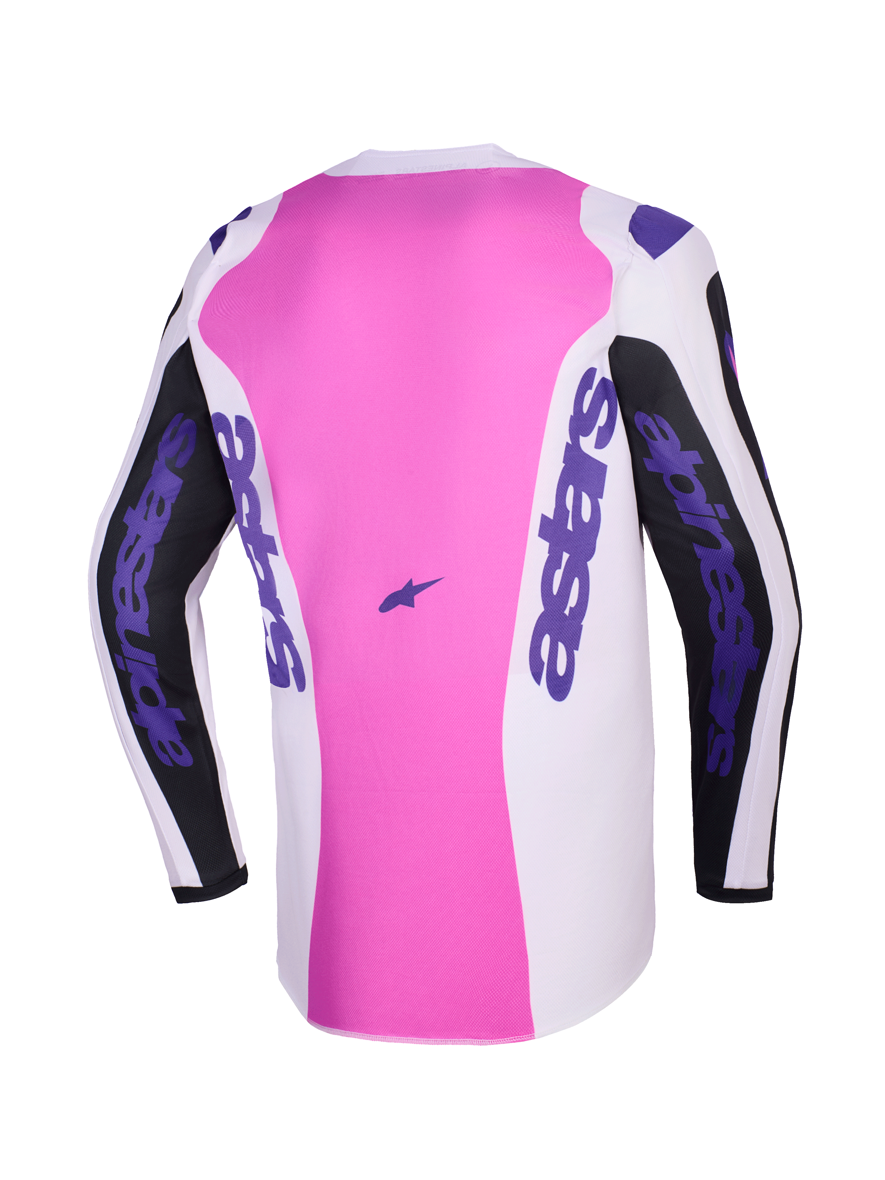 Camisola Alpinestars 2026 Fluid Grid, vista traseira, camisola de motocross, preto, cinzento claro e roxo, painel central cor-de-rosa com secções brancas e pretas, logótipos Alpinestars roxos nas mangas e laterais, construção em polifabric com absorção de humidade
